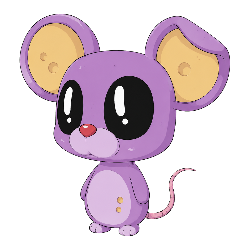 The purple saycheese mouse in a relaxed, arms-down pose
